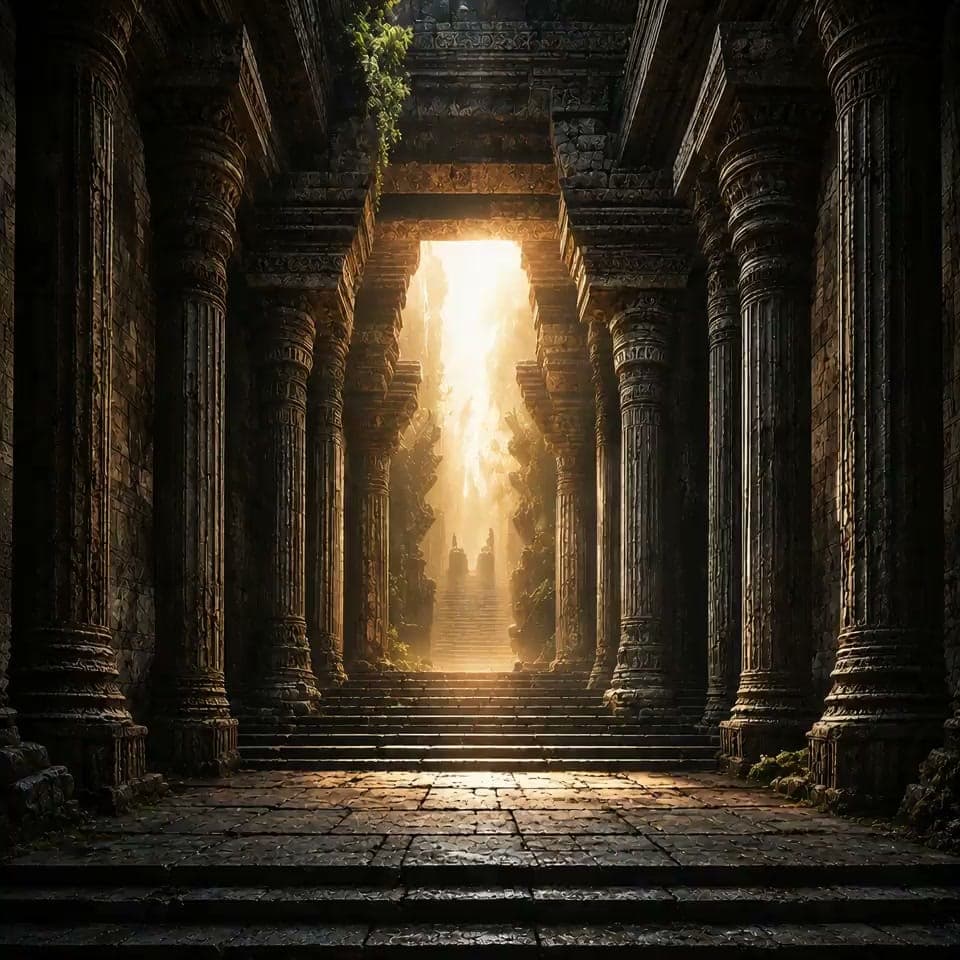 Mystical ancient temple interior with golden light